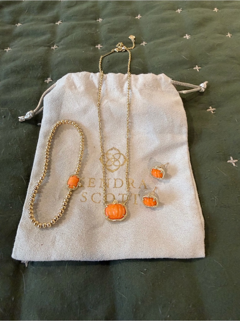 Kendra Scott Gold Pumpkin Necklace, Bracelet & Stud Earrings with Orange Stones